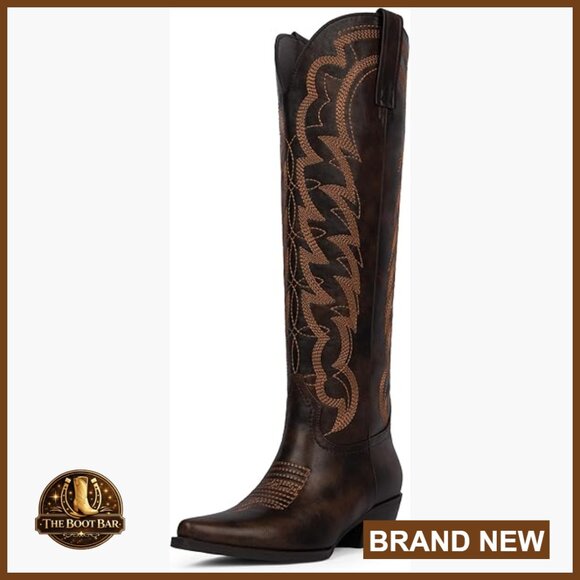 Knee High Cowboy Boots Pointed Toe Chunky Heel Embroidered Wide Calf Western